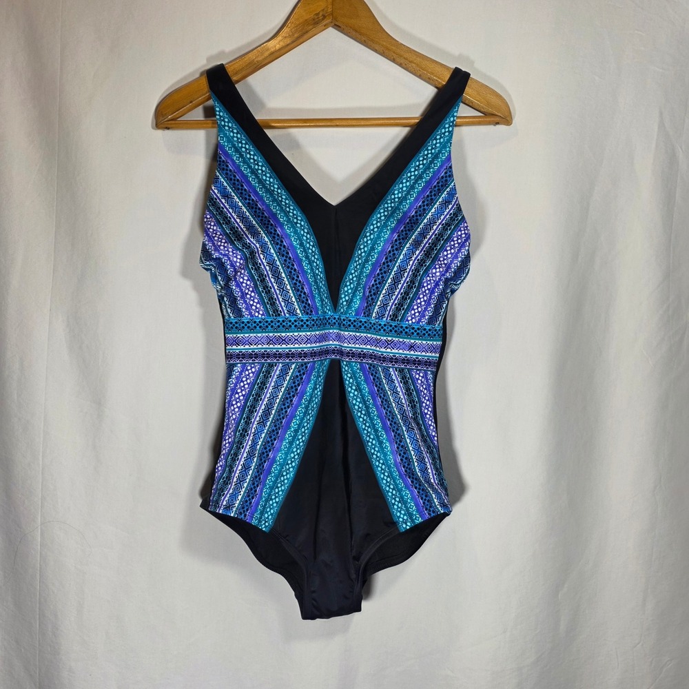 Embrace Your Curves Miracle Brands One Piece Swimsuit Blue Geometric M 8-10